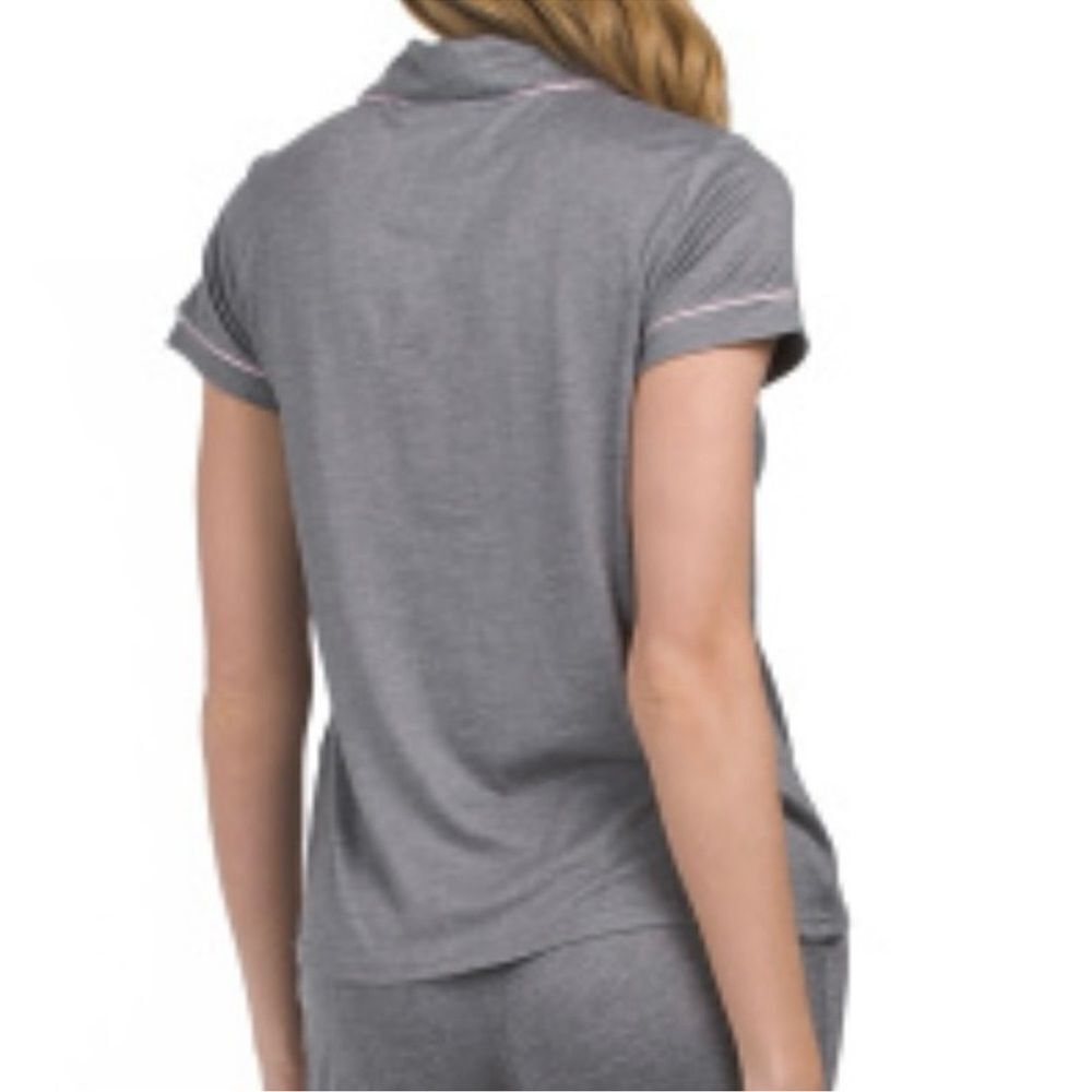 Life is Good L-XL Gray Pink Trim Notch Collar 2 pc Short Sleeve Top Pants PJ Set - Picture 4 of 16